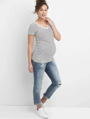 GAP MATERNITY Distressed Demi Panel Repair Girlfriend Jeans 25 Medium Indigo - Image 1 of 4