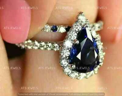 Juego de anillos de compromiso de zafiro de plata de ley 925 con corte de pera de 2,00 quilates Foto 1 de 3