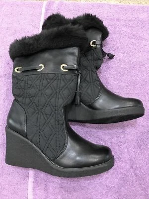 NUEVA APT 9 Bota de Tacón de Cuña con Borde de Piel Negra e Imitación Wms talla 8 Foto 1 de 4