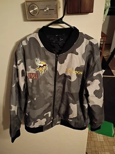 The Wild Collective Women's Minnesota Vikings  Bomber Jacket, Camo Grey, Large - Picture 1 of 15