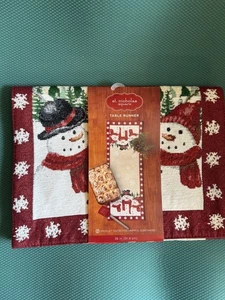 St Nicholas Square Gold Red 3 Snowman Winter Tapestry Table Runner 13"x 36" New - Picture 1 of 2