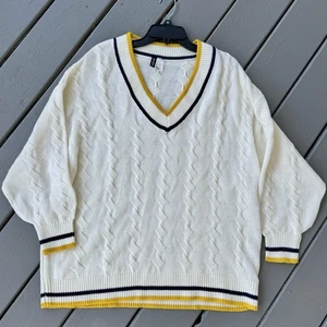 Suéter Dividido por H&M Grande Grueso Blanco Tejido con Cable Preppy Cuello en V - Imagen 1 de 7