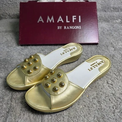 Amalfi by Rangoni Gold Italian Leather Studded Slides Sandals Size 6.5M NEW - Image 1 of 4