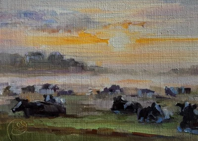 Cows #108,  Original ACEO Oil Painting "Dawn" ATC by Lee Ellen Smith - Image 1 of 4