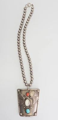 Graziosa Collana Grande In Argento Sterling Del Sud Ovest Con Turchese E Corallo - Immagine 1 di 4