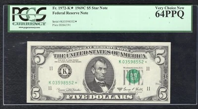 FR. 1972-K* 1969-C $5 *STAR* FRN FEDERAL RESERVE NOTE DALLAS, TX PCGS UNC-64PPQ - Image 1 of 2