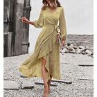 (Yellow Xl)Dress Floral Wrapped Waist Strap Full Swing Long Sleeve Casual Gsa