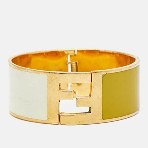 Fendi Fendista Bi-color Yellow/White Enamel Gold Tone Wide Bracelet M - Picture 1 of 7