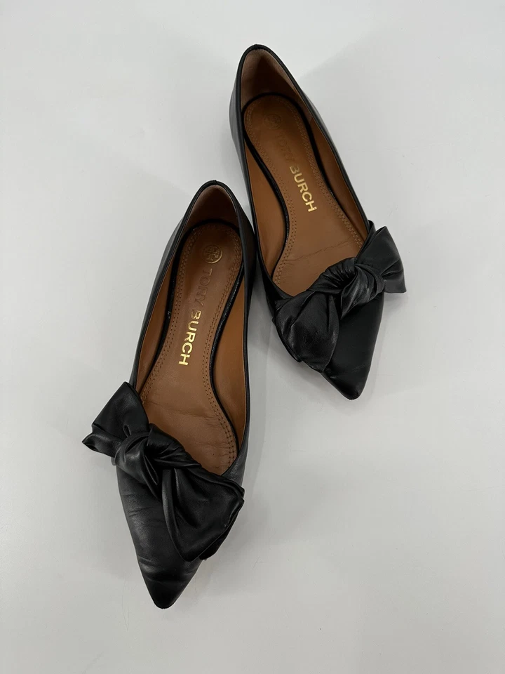 Zapatos Mocasines Planos Tory Burch Punta con Arco Cuero Negro Talla 7 Foto 1 de 4