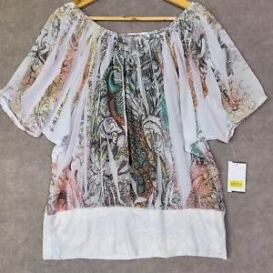 MOA MOA Bluse Damen XL weiß Tunika Koi Fisch Grafik bunt Plissee Rüschen - Bild 1 von 8