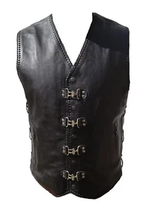 Mens Leather Vest Motorbike Riding Braided Biker Motorcycle Leather Buckle Vest - Picture 1 of 3