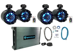 (4) Rockville WB65KLED Black 6.5" LED Marine Wakeboard Swivel Tower Speakers+Amp - Picture 1 of 12