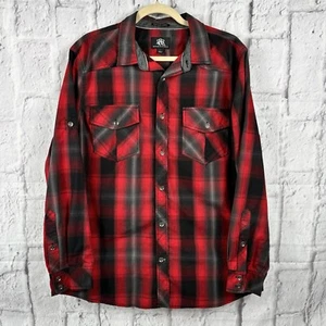 Rock & Republic Shirt Mens L Black Red Long Sleeve Cotton Plaid Button Up Y111 - Picture 1 of 8
