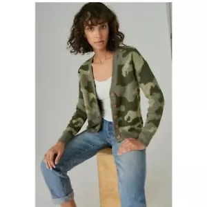 Cárdigan Suéter Lucky Brand Camuflaje Pequeño Verde Abotonado Suave Mezcla Lana - Imagen 1 de 12
