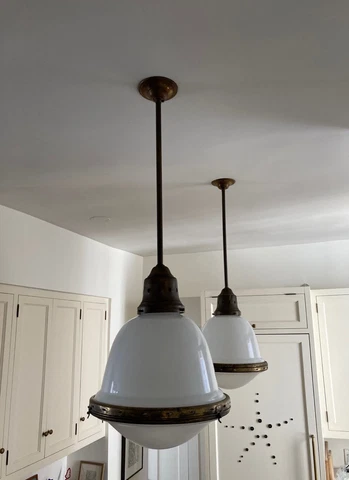 Pr Bauhaus Art Deco Pendant Lights, milk & etched glass, brass/copper, BAG Turgi Cover