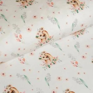 Cotton Jersey Fabric, Cute Lions with Flowers on White, Stretch Knit Fabric - Picture 1 of 3