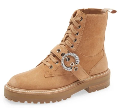 Jimmy Choo Mujer Cora Cristal Gamuza Combate Botines Caramelo IT 37.5 / US 7.5 Foto 1 de 3