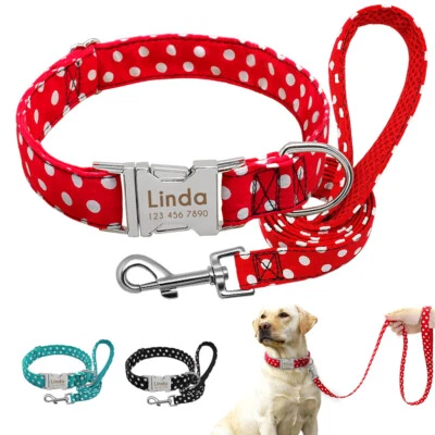 Polka Dots Personalised Dog Collar Leash Name Number Engraved Soft Padded Handle - image 1 of 4