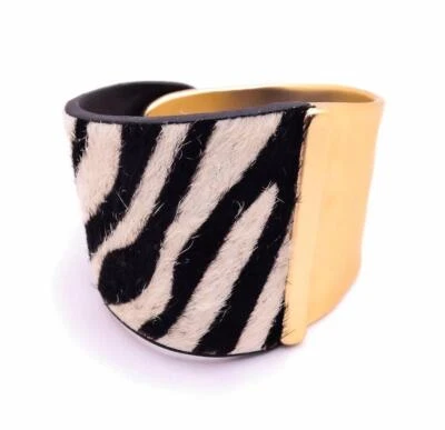 ARTISANAL Exotic Chunky Sculpted Gold Metal Zebra Animal Print Leather Bracelet - Image 1 of 4