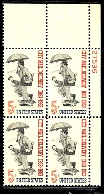 LETTER CARRIER OF 1863 US #1238 CITY MAIL DELIVERY MNH VF 5c STAMP PLATE BLOCK - Image 1 of 2