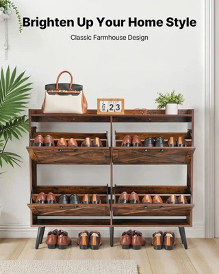  Zapatero con 4 Cajones Abatibles, Armario de Almacenamiento de Zapatos de Granja con Pata de Madera Foto 1 de 4