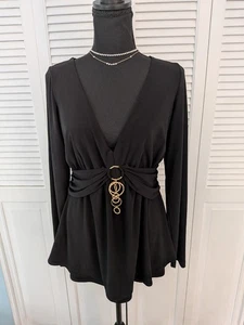 Linda Segal Vintage 90s Y2K Top Damen L Classic Gold Jeweled V-Neck Black Blouse - Bild 1 von 12