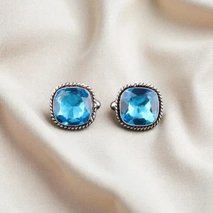 Swiss Blue Topaz Gemstone 925 Sterling Silver Jewelry Vintage Cufflinks 0.61" - Picture 1 of 6
