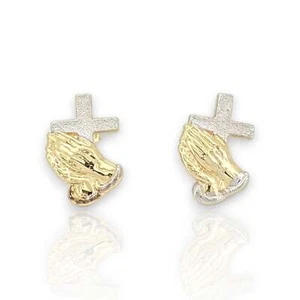 Praying Hands With Cross Earrings - 10k Yellow Gold - Picture 1 of 2
