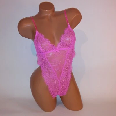 Lencería Victoria Secret de una pieza de peluche rosa neón encaje liso cuerda en V Foto 1 de 4