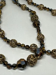 Vintage Faceted Amber Golden Brown Crystal Gold Filigree Bead Necklace 40” - Picture 1 of 7