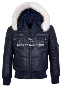 Felpa con cappuccio da uomo stile bomber blu navy vera pelle giacca pilota 6 buffer - Foto 1 di 9