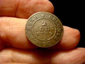 FRENH COLONIES. LOUIS XVI. GUYANA. CAYENNE. 2 SOUS 1789 A. - Picture 1 of 2