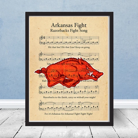 University of Arkansas Razorbacks Fight Song Music Logo Gift Football Art Poster Cover
