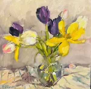 HELEN TARR ORIGINAL "Wayward Tulips" hyacinth rose flower OIL ON CANVAS PAINTING - Picture 1 of 2