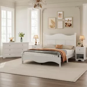 4 PCS Retro Style Sets, Queen Size Platform Bed, Nightstand and Dresser, White - Picture 1 of 24