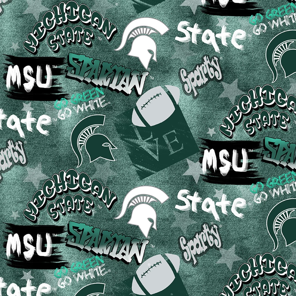 SYKEL Michigan State Spartans Cotton Fabric w All Over Graffiti Print-Sold by the Yard