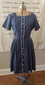 Darling Vintage Carol Brent Navy Blue Swiss Dot Button Dress, Small - Picture 1 of 7