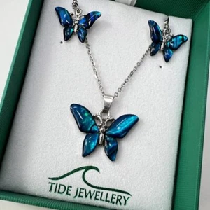Butterfly Paua Shell Necklace Pendant Earring Set Tide Jewellery Abalone Gift - Picture 1 of 6