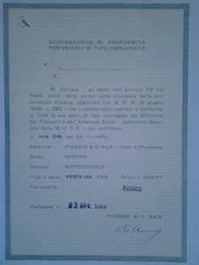 DICHIARAZIONE DI CONFORMITA' VESPA 125 VNP 23 APRIL 1964 PIAGGIO ( aa19-1-11) - Imagen 1 de 1