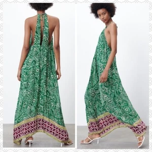 Zara Silky green paisley Scarf printed halter Open Back maxi dress size Medium - Picture 1 of 5