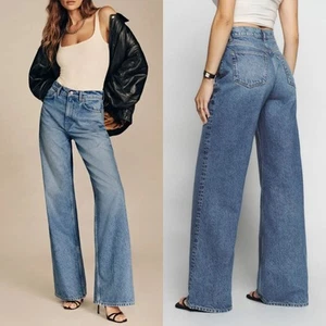 Reformation Cary High Rise Slouchy Wide Leg Jeans US 26 Blue Rigid Denim Boho - Picture 1 of 14