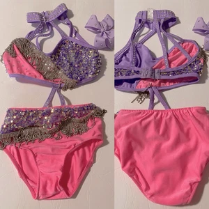 Glamour solo sassy dance costume purple pink embellished rhinestone fringe LC - Picture 1 of 9
