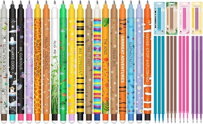 MPQDFG Set aus 18 radierbaren Gelstiften + 12 Nachfüllminen | 0,7 mm | Süße Tiere