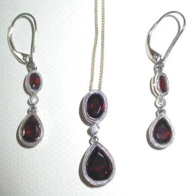 NEW Vintage 14k White Gold Real Garnet Diamond Dangle Earrings & Pendant Set - Image 1 of 4