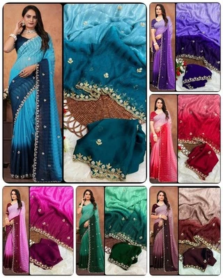 New Collection Chiffon Saree With Blouse For Wedding & Party - Image 1 of 4