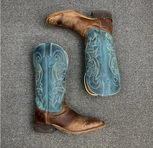 Tony Lama blau braun Leder hergestellt USA Western eckige Zehe Cowboystiefel Herren 8,5 D - Bild 1 von 13