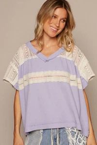 POL Clothing Women's Crochet Lace Detail Short Sleeve Top in Lilac - Picture 1 of 5
