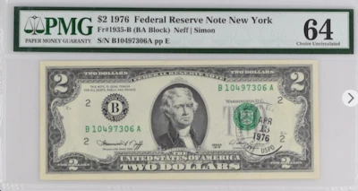 FR# 1935 $2 1976   NEW YORK  ( BA BLOCK) NEFF/SIMON  - Image 1 of 2
