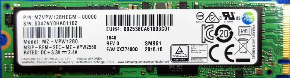 Samsung SM961 128GB SSD NVM 128G M.2 2280 PCIe PCI-Express 3.0 MZVPW128HEGM - Image 1 of 1