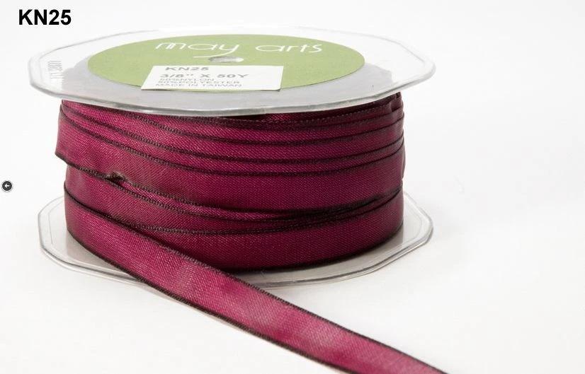 3/8 Inch Solid Two Tone Ribbon - May Arts - KN25 - Burgundy/ Dark Green - 50 yds - Image 1 of 1